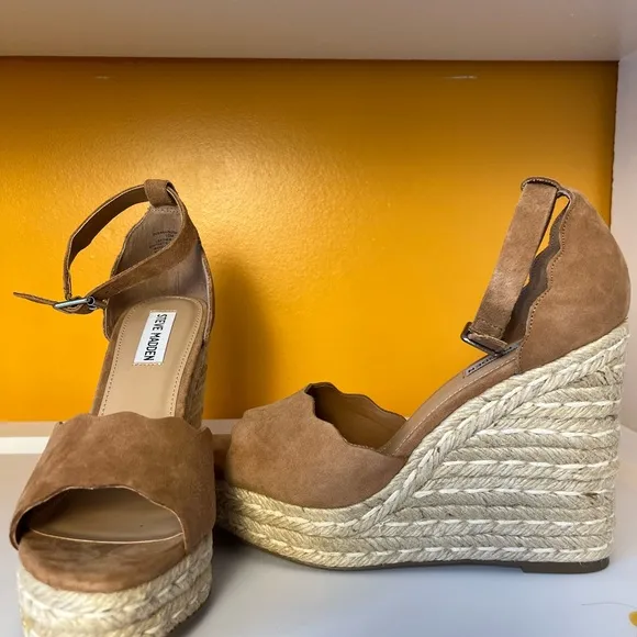 Steve Madden Womens Tan Suede Susana Ankle Straps Wedge Sandals Espadrilles 10M