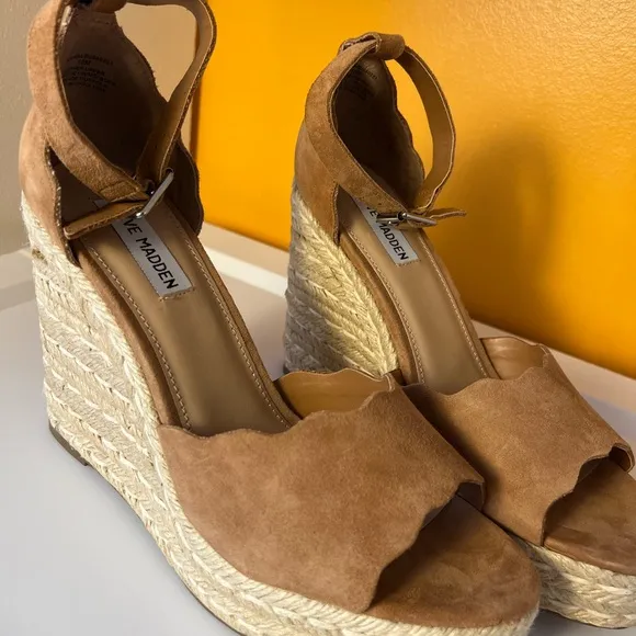 Steve Madden Womens Tan Suede Susana Ankle Straps Wedge Sandals Espadrilles 10M