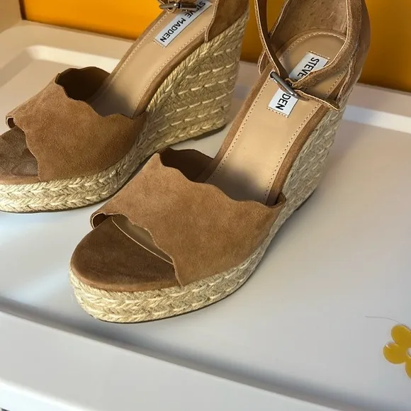 Steve Madden Womens Tan Suede Susana Ankle Straps Wedge Sandals Espadrilles 10M