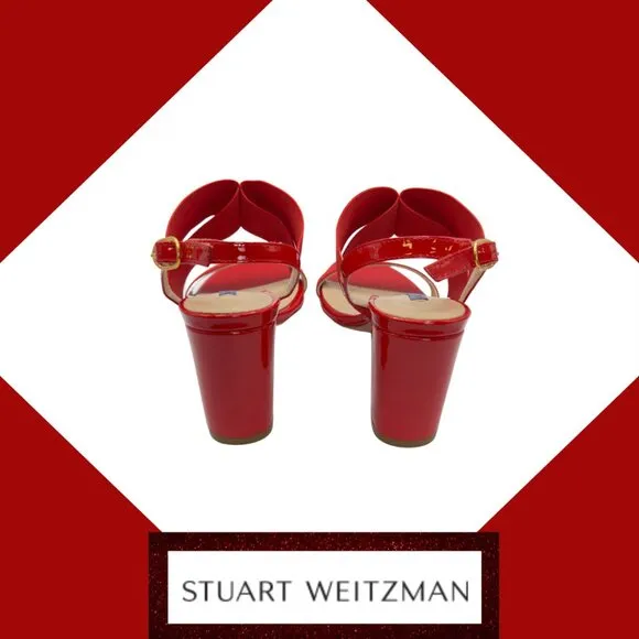 Stuart Weitzman Alana Block 75 Follow Me Red Patent Leather Sandal, Sz. 5.5