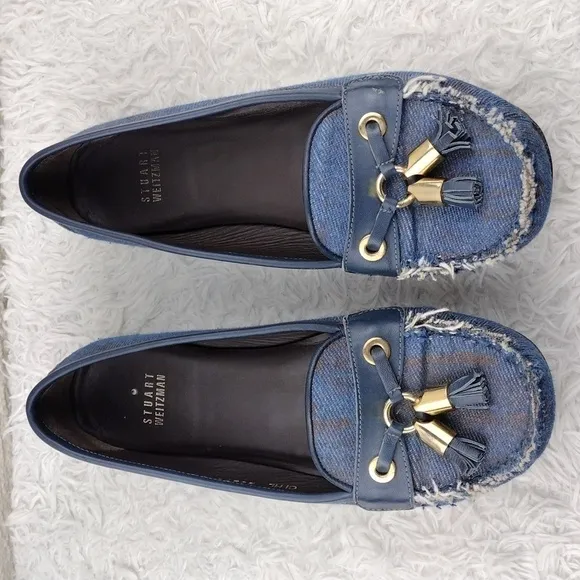 Stuart Weitzman Blue Fabric Tassel Detail Upper Round Toe Slip On Flat Loafer