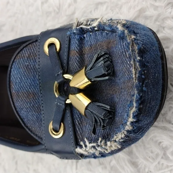 Stuart Weitzman Blue Fabric Tassel Detail Upper Round Toe Slip On Flat Loafer