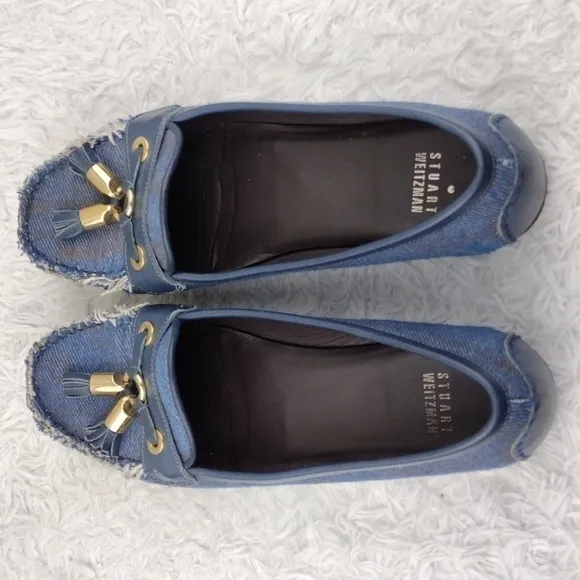 Stuart Weitzman Blue Fabric Tassel Detail Upper Round Toe Slip On Flat Loafer
