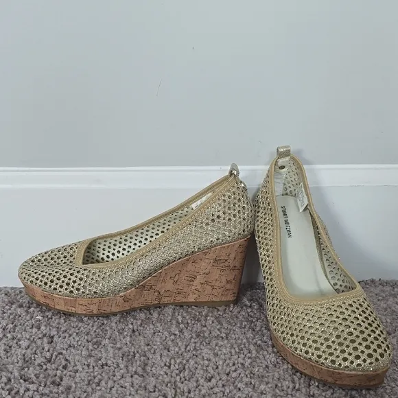 Stuart Weitzman Caye gold metallic cork wedge slip on shoes-5