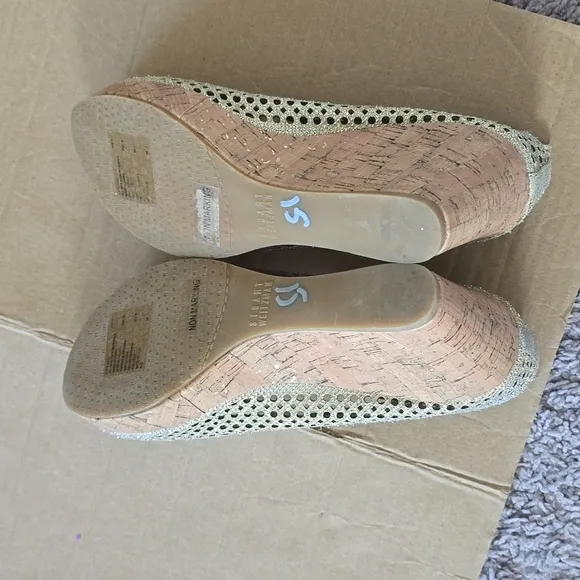 Stuart Weitzman Caye gold metallic cork wedge slip on shoes-5