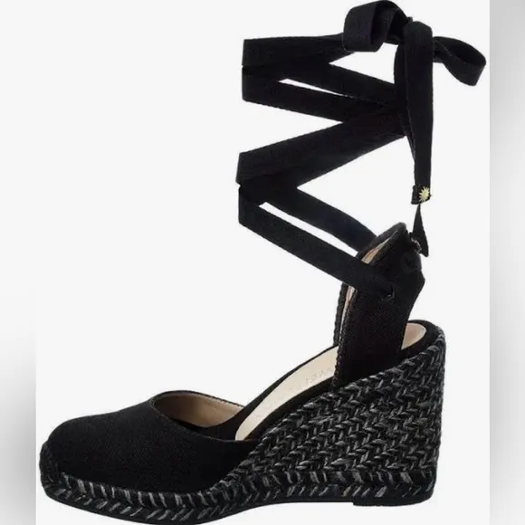 Stuart Weitzman Marguerita Wedge Tie Up Lace Up Espadrille. Grey and Black.