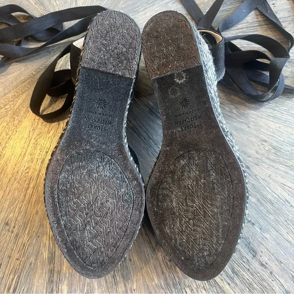 Stuart Weitzman Marguerita Wedge Tie Up Lace Up Espadrille. Grey and Black.