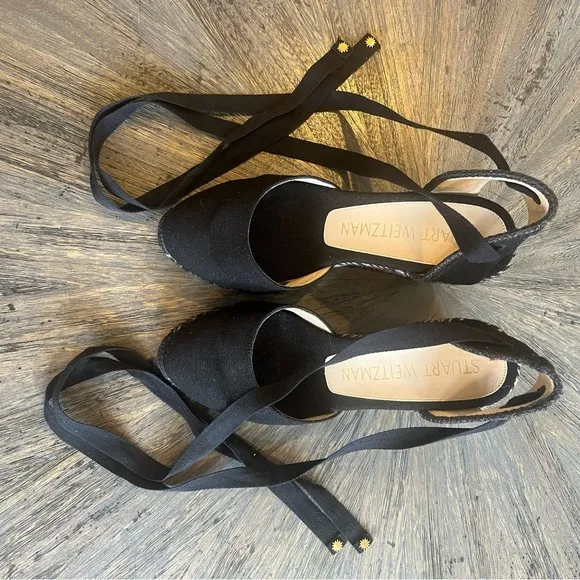 Stuart Weitzman Marguerita Wedge Tie Up Lace Up Espadrille. Grey and Black.