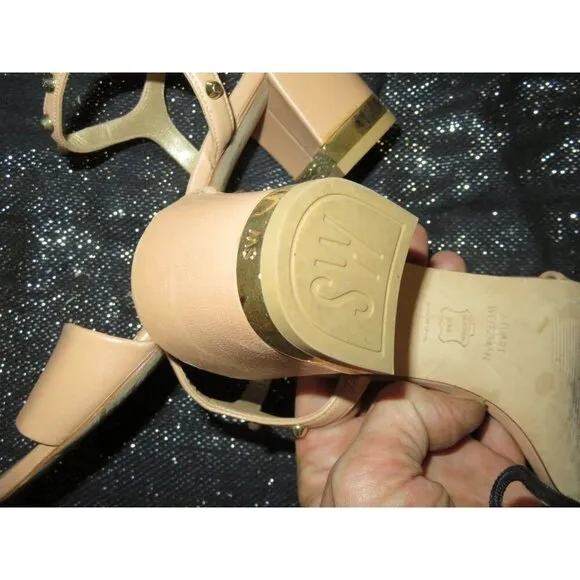 Stuart Weitzman Mygal Studded Italian Nappa Leather Chunky Heeled Sandal Nude 9