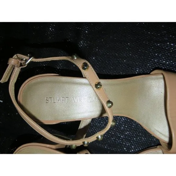 Stuart Weitzman Mygal Studded Italian Nappa Leather Chunky Heeled Sandal Nude 9