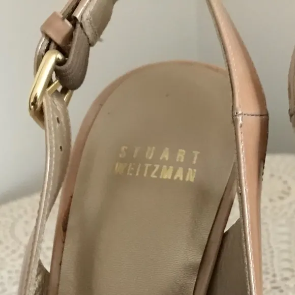 Stuart Weitzman Nude Patent Peep Toe Slingback Heels Sandals Size 9