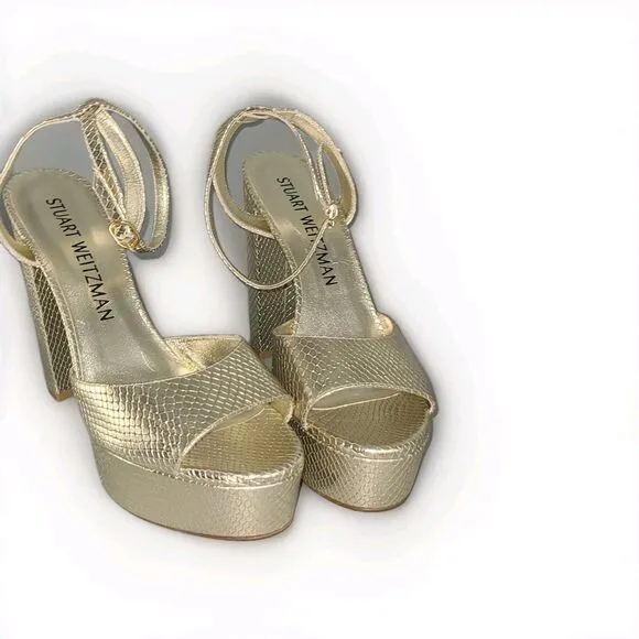 Stuart Weitzman sandals Ryder Platino Gold snake Leather Platform heel sz 11.5