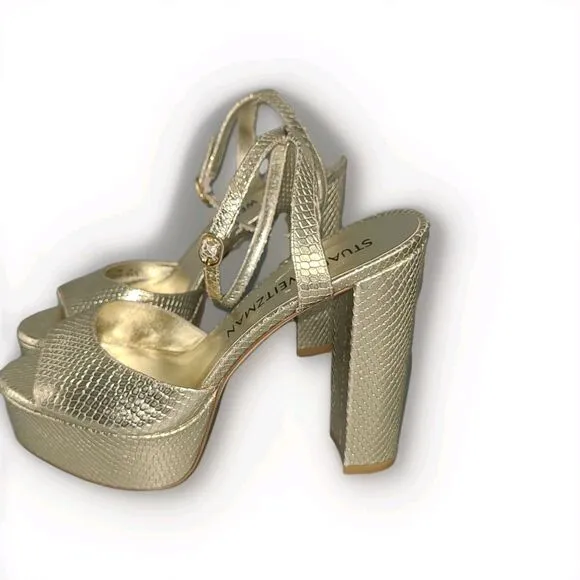 Stuart Weitzman sandals Ryder Platino Gold snake Leather Platform heel sz 11.5