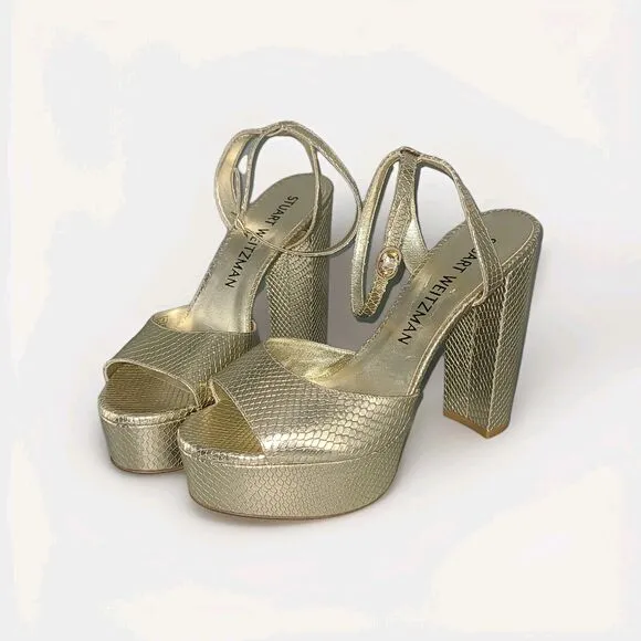 Stuart Weitzman sandals Ryder Platino Gold snake Leather Platform heel sz 11.5