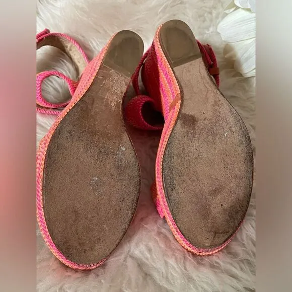 Stuart Weitzman Wedge Sandals Orange &amp; Pink Stripe Jute 9