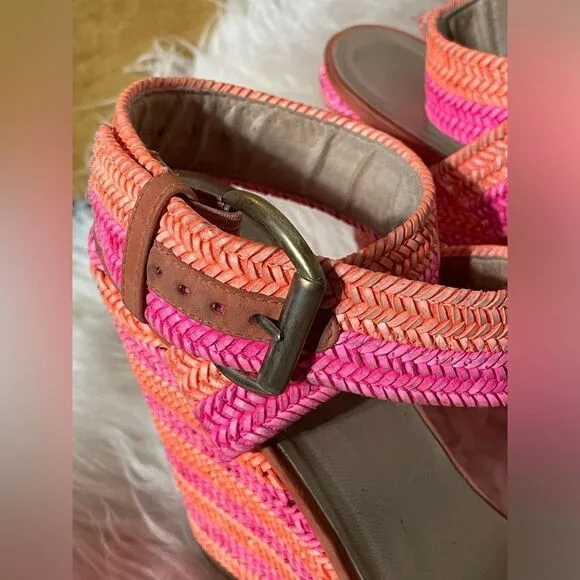 Stuart Weitzman Wedge Sandals Orange &amp; Pink Stripe Jute 9