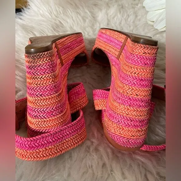 Stuart Weitzman Wedge Sandals Orange &amp; Pink Stripe Jute 9