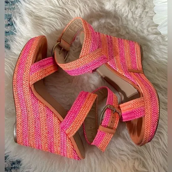 Stuart Weitzman Wedge Sandals Orange &amp; Pink Stripe Jute 9