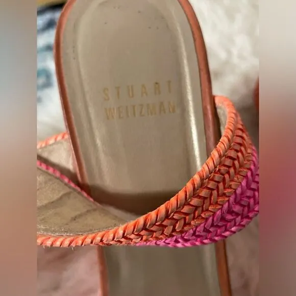 Stuart Weitzman Wedge Sandals Orange &amp; Pink Stripe Jute 9