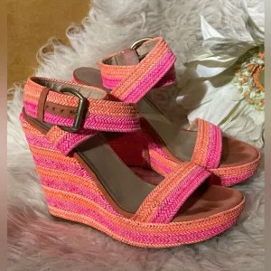 Stuart Weitzman Wedge Sandals Orange &amp; Pink Stripe Jute 9