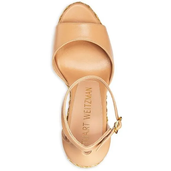 Stuart Weitzman Womens Beige Leather Ankle Strap Wedge Sandals Shoes New