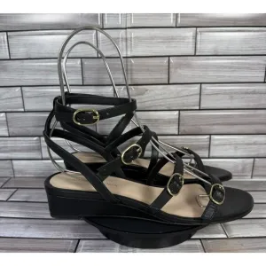 Stuart Weitzman Women's Black Leather Grecian Buckle Wedge Sandals Size 7-NEW