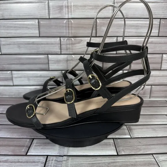 Stuart Weitzman Women's Black Leather Grecian Buckle Wedge Sandals Size 7-NEW