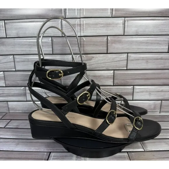 Stuart Weitzman Women's Black Leather Grecian Buckle Wedge Sandals Size 7-NEW