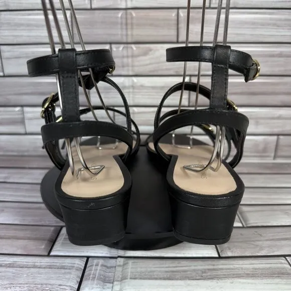 Stuart Weitzman Women's Black Leather Grecian Buckle Wedge Sandals Size 7-NEW