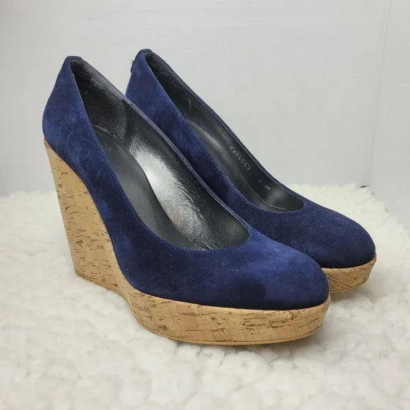 Stuart Weitzman Women's Cork Wedge Shoes Size 8.5 Navy Blue Suede Shoes