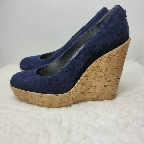 Stuart Weitzman Women's Cork Wedge Shoes Size 8.5 Navy Blue Suede Shoes