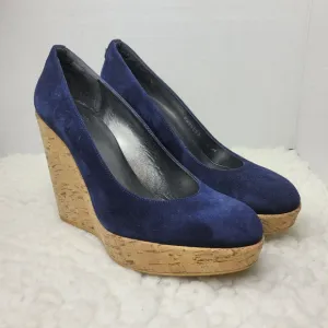 Stuart Weitzman Women's Cork Wedge Shoes Size 8.5 Navy Blue Suede Shoes