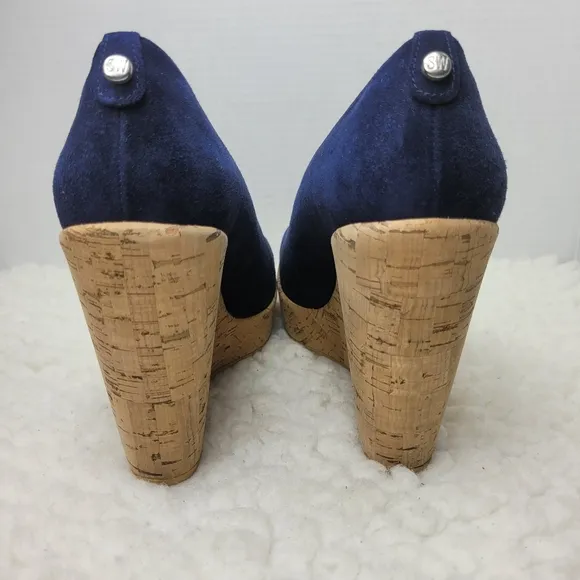 Stuart Weitzman Women's Cork Wedge Shoes Size 8.5 Navy Blue Suede Shoes