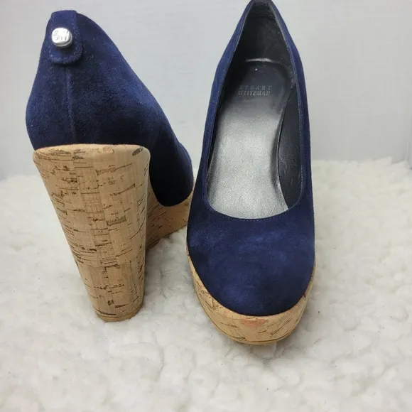 Stuart Weitzman Women's Cork Wedge Shoes Size 8.5 Navy Blue Suede Shoes