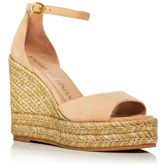 Stuart Weitzman Womens Nudistcurve  Beige Peep Toe Wedge Sandals Shoes New