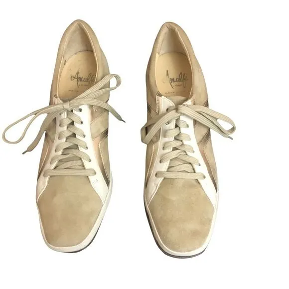 Stylish, Sleek, Tan/Cream/Gold Amalfi Suede/Leather Athletic Shoes, Size 9
