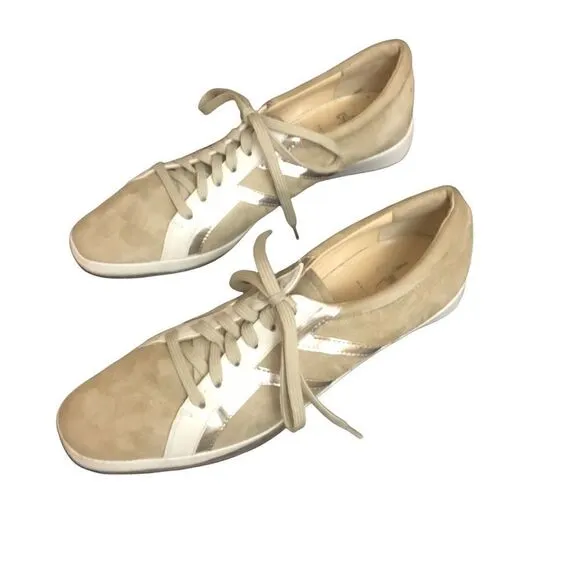 Stylish, Sleek, Tan/Cream/Gold Amalfi Suede/Leather Athletic Shoes, Size 9