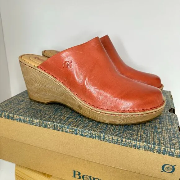Sundance Catalog Born Natalie Wedge Leather Clogs Mules Shoes Rust Size 11 NEW