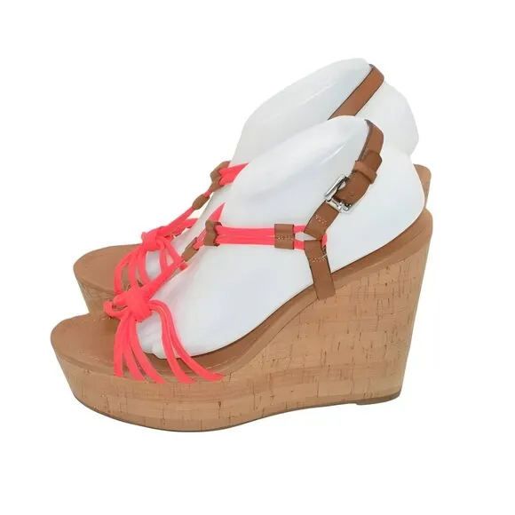 Superb Coach Coral Shrimp Pink Cork Wedge Sandals Slingback High Heels 9.5