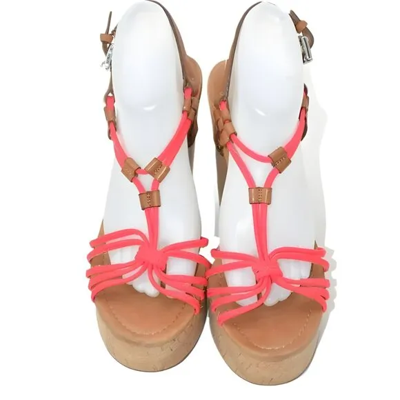 Superb Coach Coral Shrimp Pink Cork Wedge Sandals Slingback High Heels 9.5