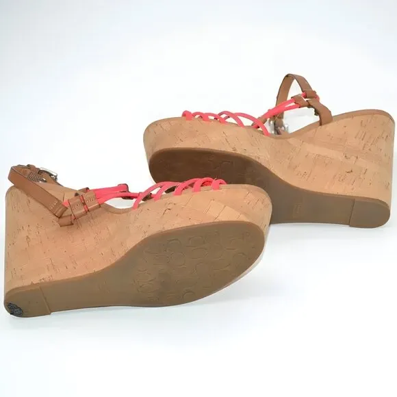 Superb Coach Coral Shrimp Pink Cork Wedge Sandals Slingback High Heels 9.5