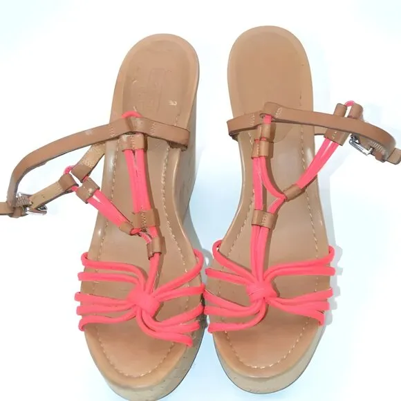 Superb Coach Coral Shrimp Pink Cork Wedge Sandals Slingback High Heels 9.5