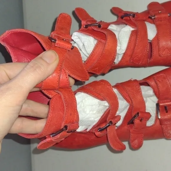 Surface to Air Anthropologie Red Leather Wedge Caged Buckle Sandals Size 37- 6.5