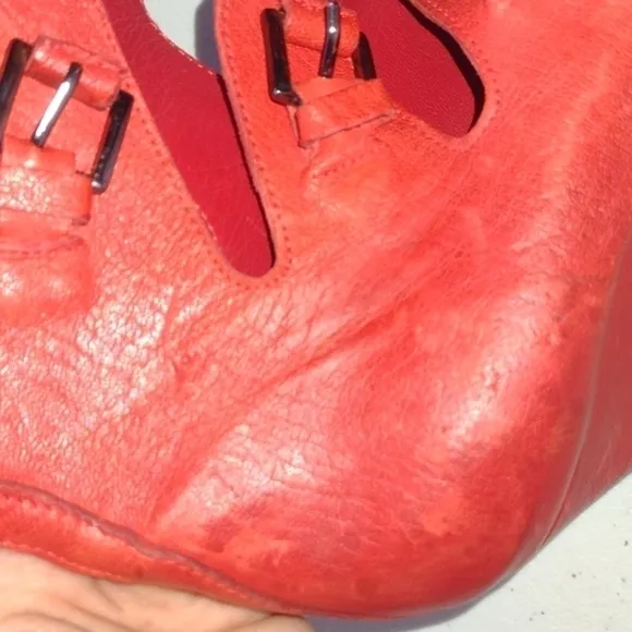 Surface to Air Anthropologie Red Leather Wedge Caged Buckle Sandals Size 37- 6.5