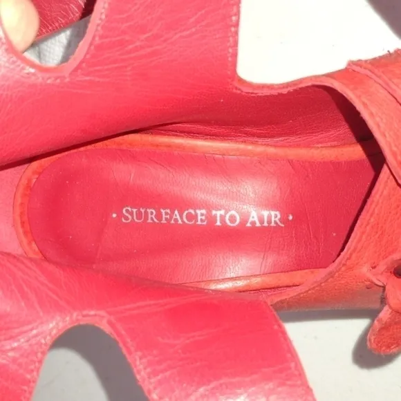 Surface to Air Anthropologie Red Leather Wedge Caged Buckle Sandals Size 37- 6.5