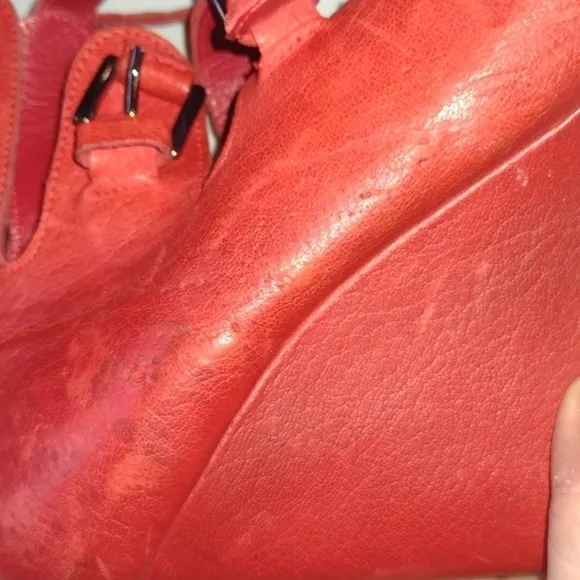 Surface to Air Anthropologie Red Leather Wedge Caged Buckle Sandals Size 37- 6.5