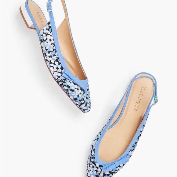 Talbots Edison Slingback Bow Flats Blue Floral Pattern Shoes. Size 7.5