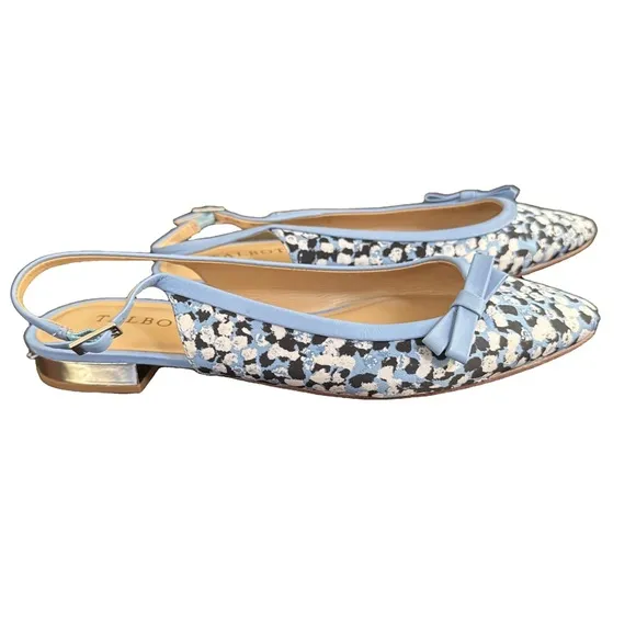 Talbots Edison Slingback Bow Flats Blue Floral Pattern Shoes. Size 7.5