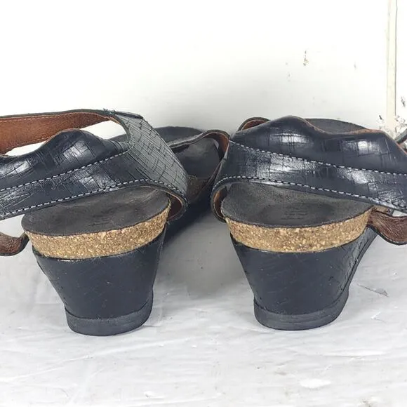 Taos Women’s Charade EU38 US 7-7,5 Black Leather Low Wedge Strappy Sandal Shoes