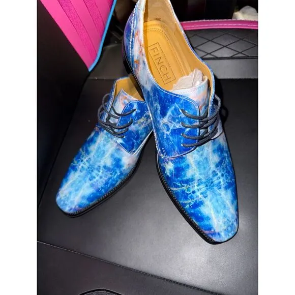 Thatcher Finch Blue Marble Leather Luxury Dress Shoes Men's 7 Modern Oxford New